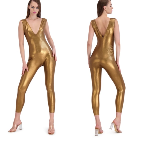 BethelHelena Bare Jumpsuit in Gold Metallic size S - Picture 2 of 7